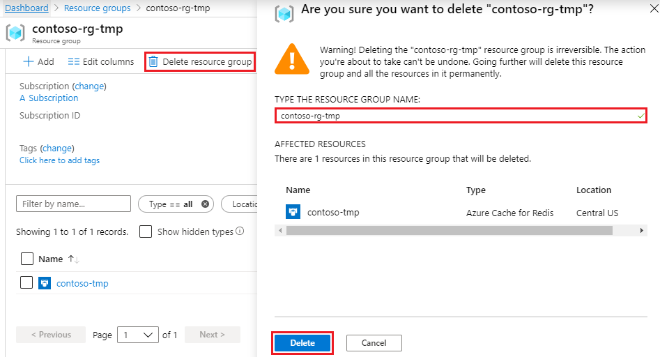 Screenshot of the Azure portal showing how to delete the resource group for Azure Cache for Redis.