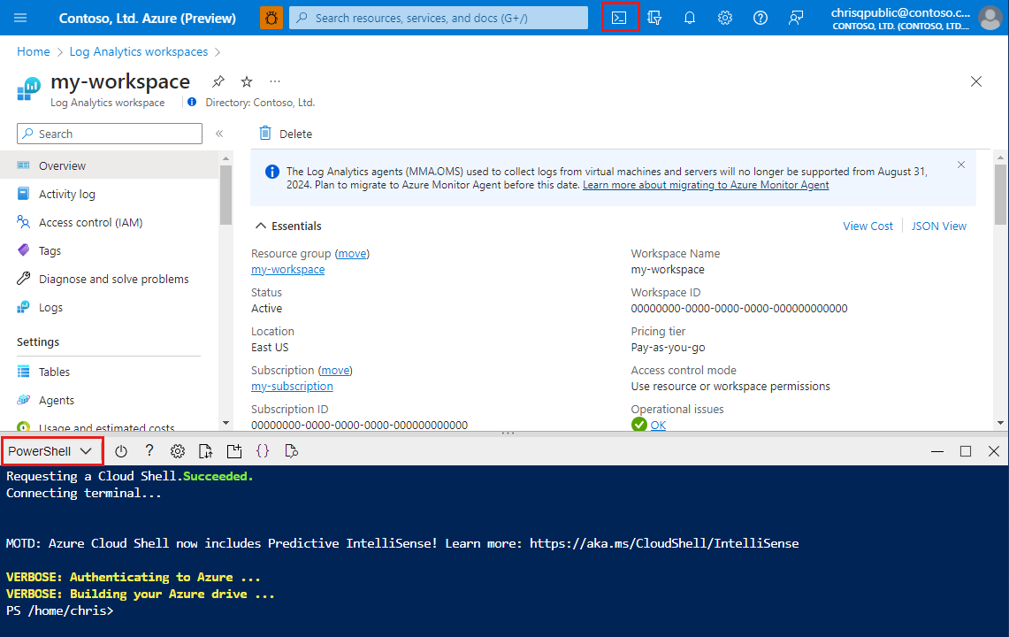 Screenshot of opening Cloud Shell in the Azure portal.