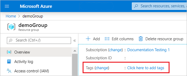 Screenshot of Azure portal showing tags for a resource group.