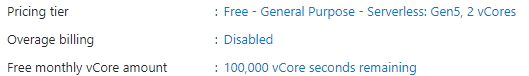 Screenshot from the Azure portal of free monthly vCore seconds amount remaining.