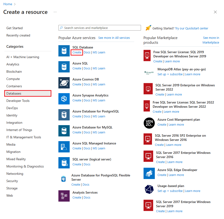 Screenshot of the Azure portal that shows how to locate the option to create a new SQL Database.