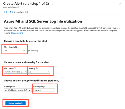 Screenshot of the Alert rules page for Azure Monitor in the Azure portal. The Create Alert rule (step 1 of 2) page shows the thresholds to use for alerts, the name and severity of the alert, and an alert group for notifications (optional).