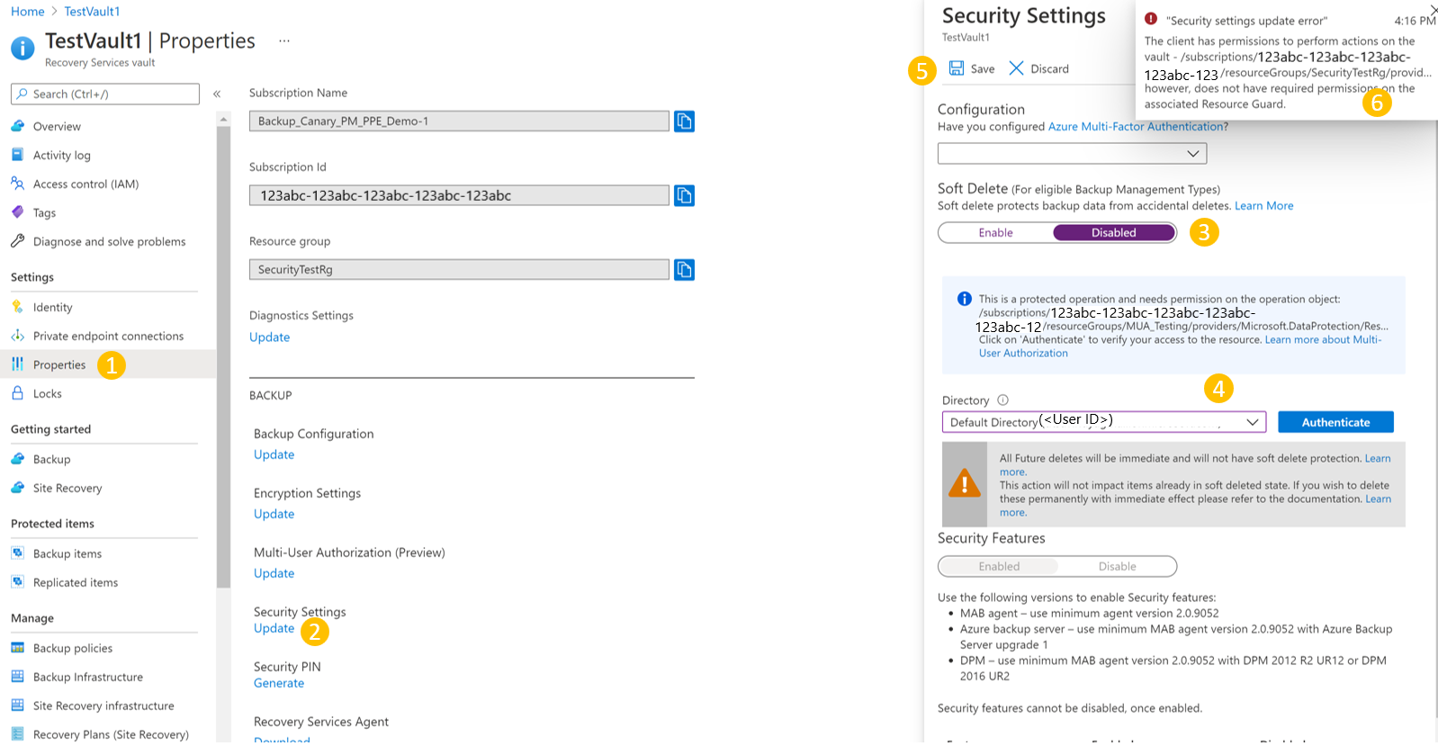 Screenshot showing the test Backup vault properties security settings.