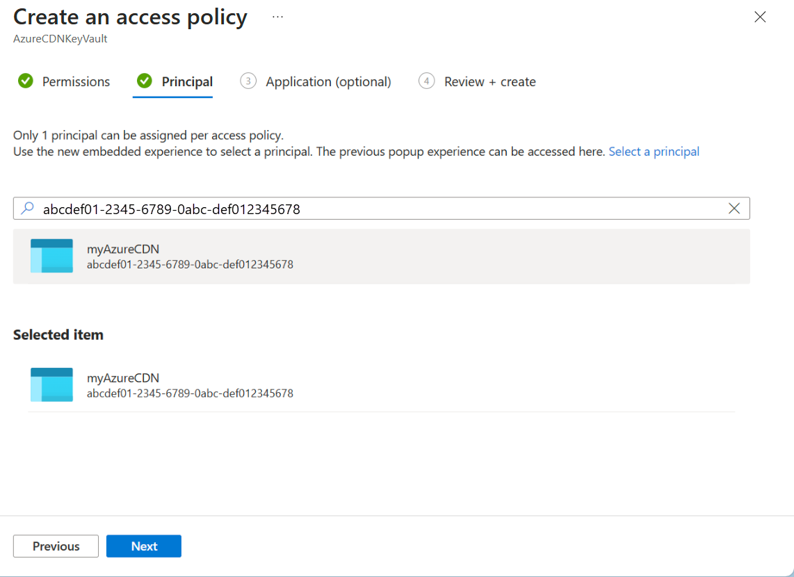Screenshot of the principal tab for the Key Vault access policy.