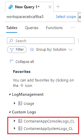 Screenshot of the Log Analytics custom log tables.