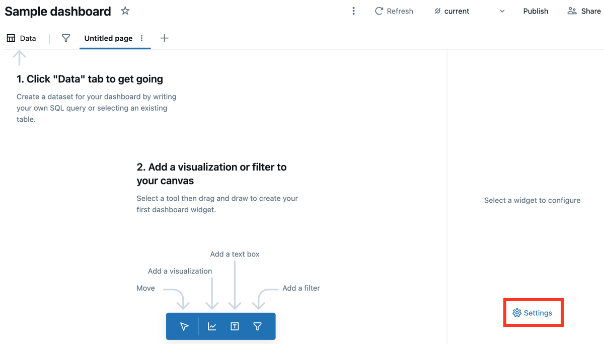 The settings button is displayed on the right side of a blank draft dashboard.