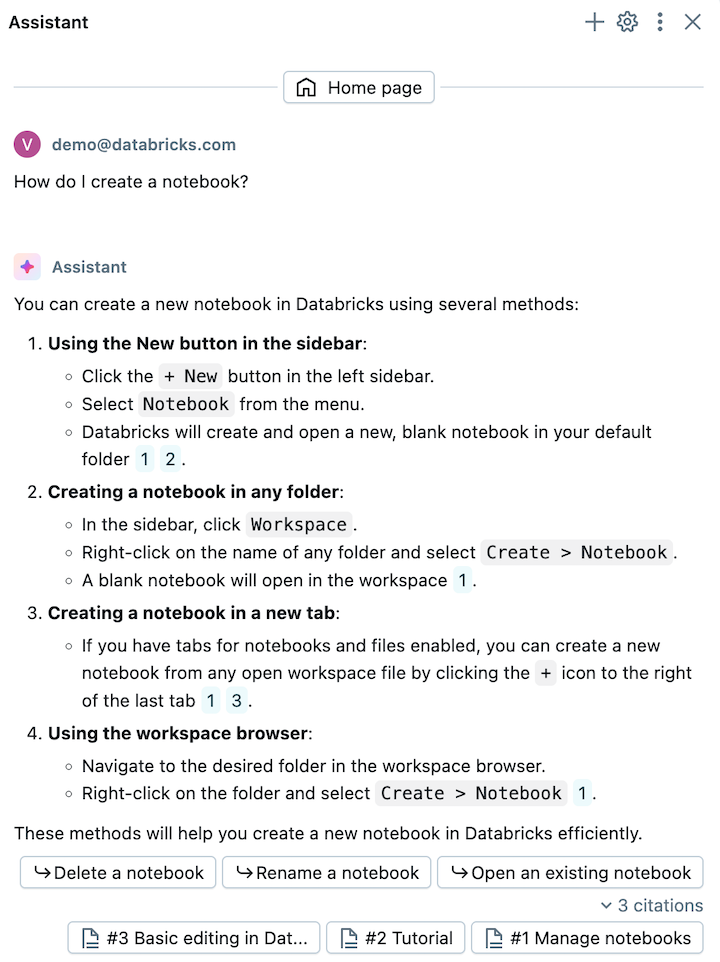 Documentation citations and follow-up suggestions from Databricks Assistant.