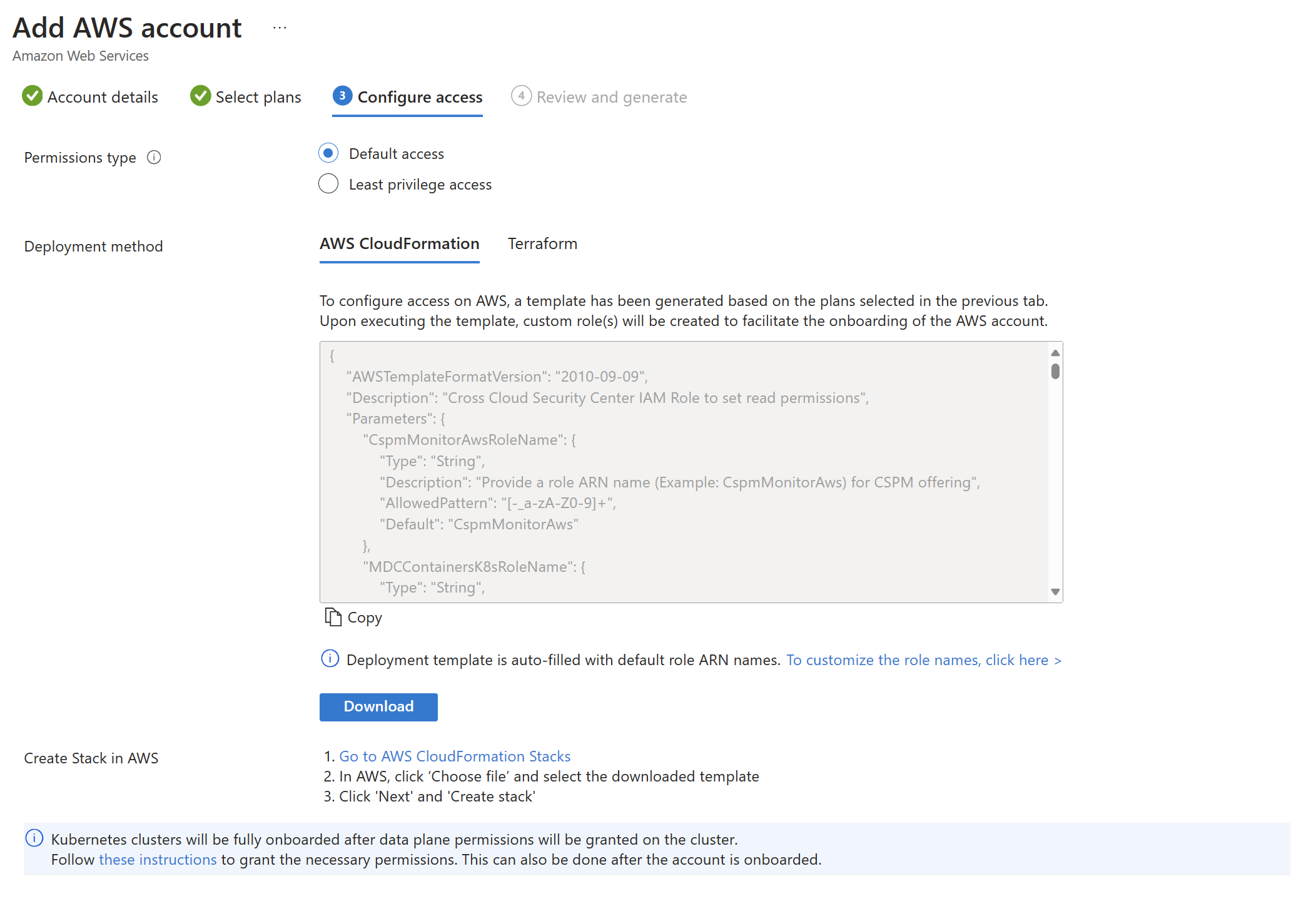 Screenshot of how to configure access for an AWS environment in Microsoft Defender for Cloud.
