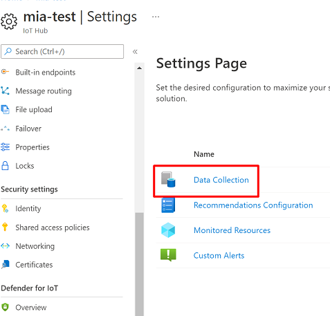 Screenshot of the data collections setting page.