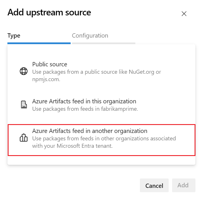 A screenshot showing the types of upstream sources - feed in another org.