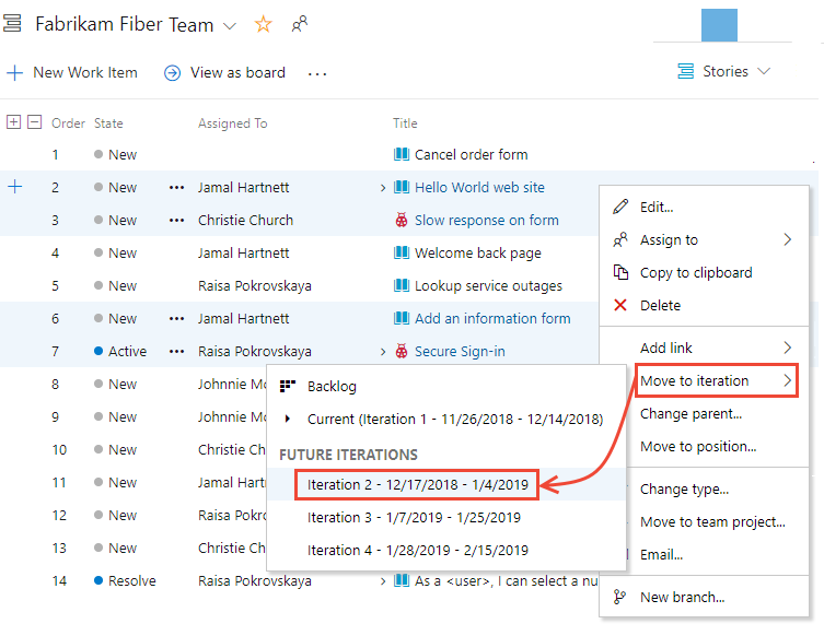 Screenshot of Product backlog, Open context menu, Move several backlog items to a different iteration.