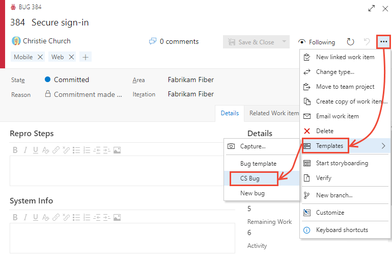 Screenshot of Apply a template to an existing work item within the form.