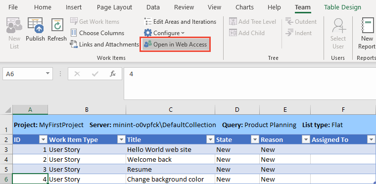 Screenshot of Open a work item in the web portal from Excel.
