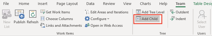 Screenshot of Team ribbon, Tree group, Add child link.