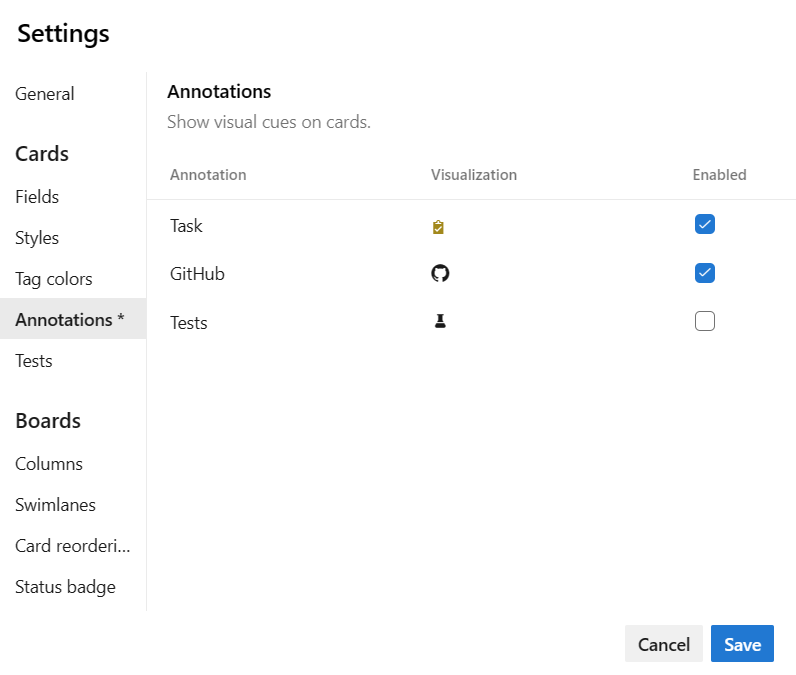 Screenshot showing Kanban board, Settings dialog, Annotations tab.