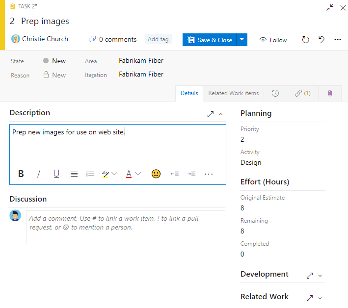 Screenshot of Task work item form, Agile process.