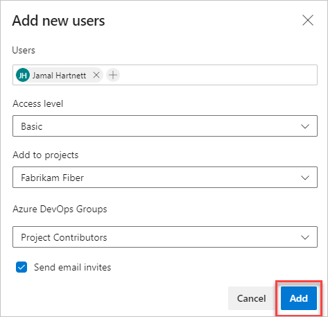 Web portal, organization admin context, Add new users dialog box