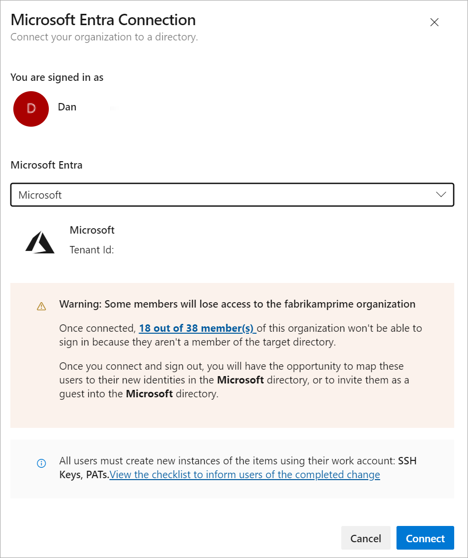 Screenshot showing Microsoft Entra connection warning.