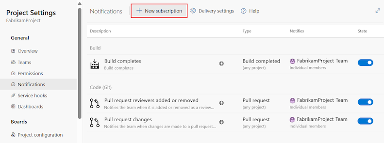 Screenshot of New subscription highlighted.