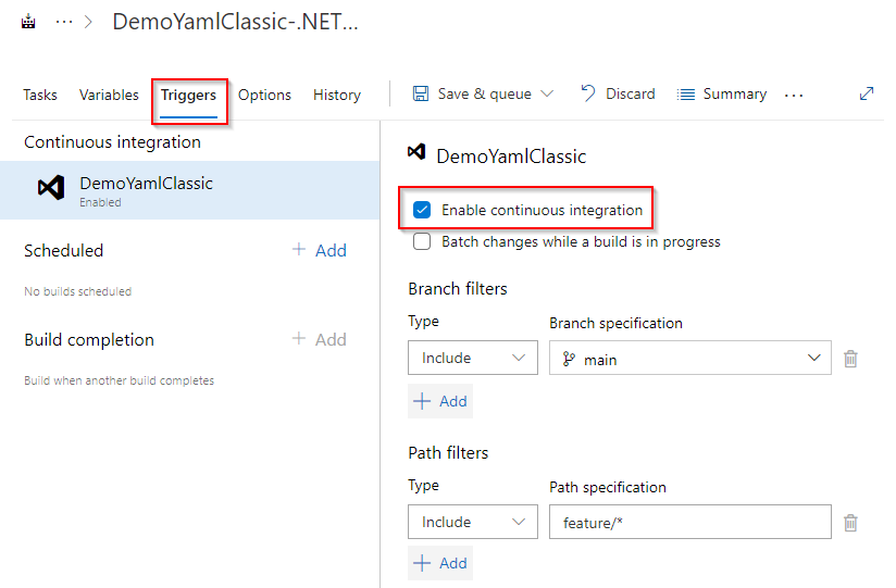 A screenshot showing how to add a CI trigger to a classic pipeline.