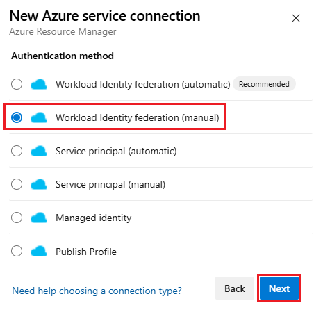 Screenshot of Workload Identity federation (manual) authentication method selection.