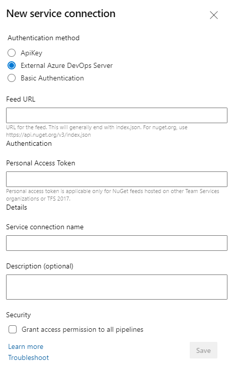 Screenshot showing how to add a new service connection.