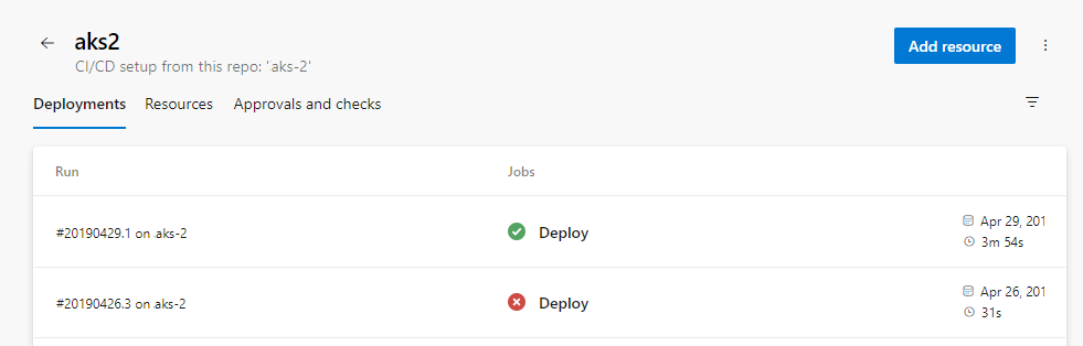 Screenshot that shows deployment history listing.