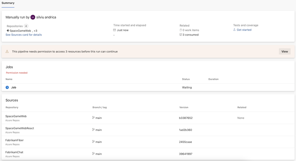 Screenshot of running the SpaceGameWeb pipeline the first time after turning on the Protect access to repositories in YAML pipelines toggle.