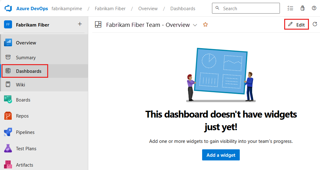 Screenshot showing sequence of selection for Dashboards, Edit function.