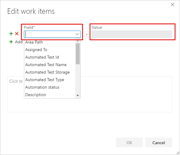 Screenshot showing the Edit work items dialog box where you can select fields and values for several test cases.