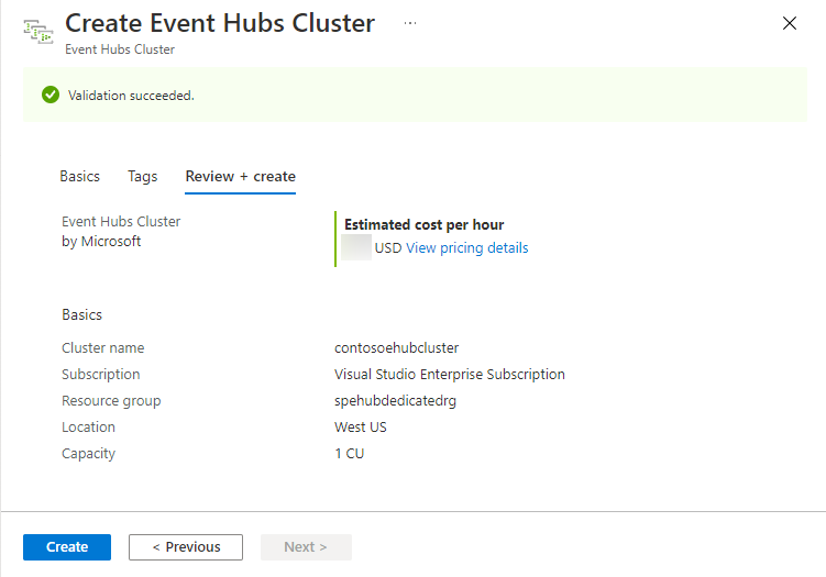 Image showing the Create Event Hubs Cluster page - Review + Create page.