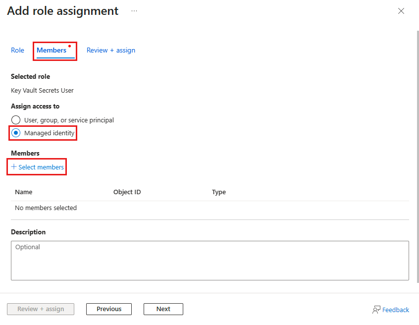 Screenshot of the members tab for the add role assignment page for a Key Vault.