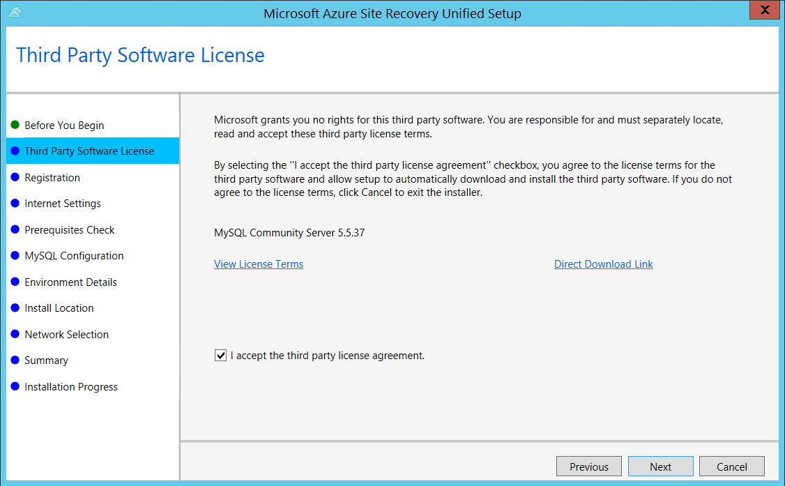 Screenshot of the Third Party Software License screen in Unified Setup.