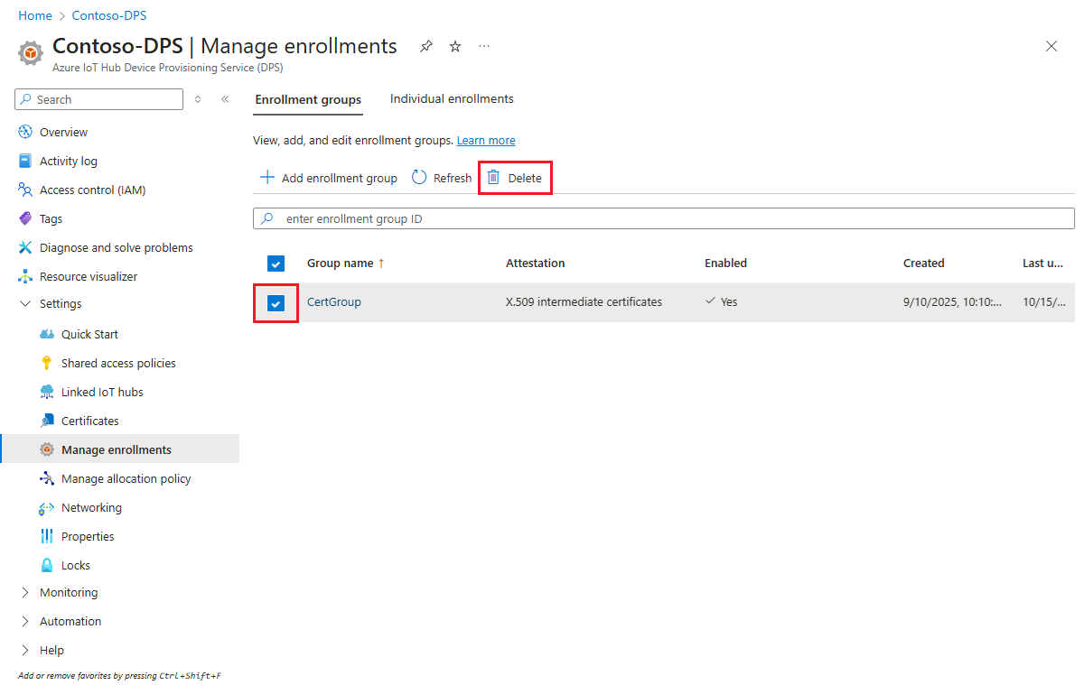 Delete enrollment group entry in the portal