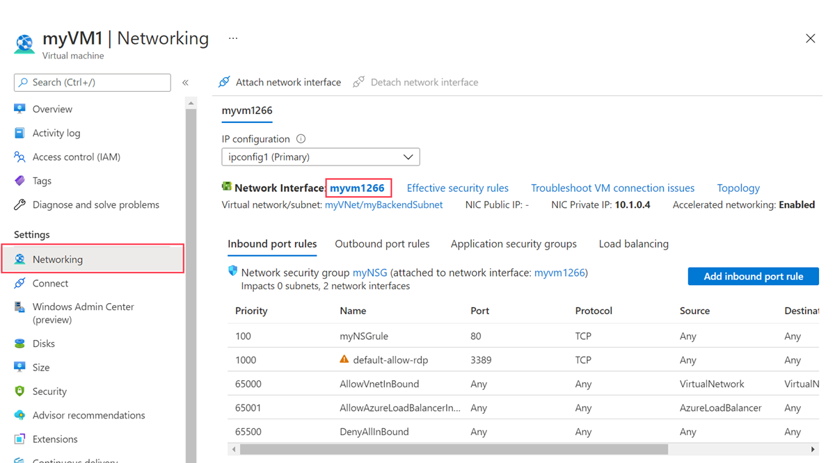 Screenshot of myVM1 networking configuration in Azure portal.