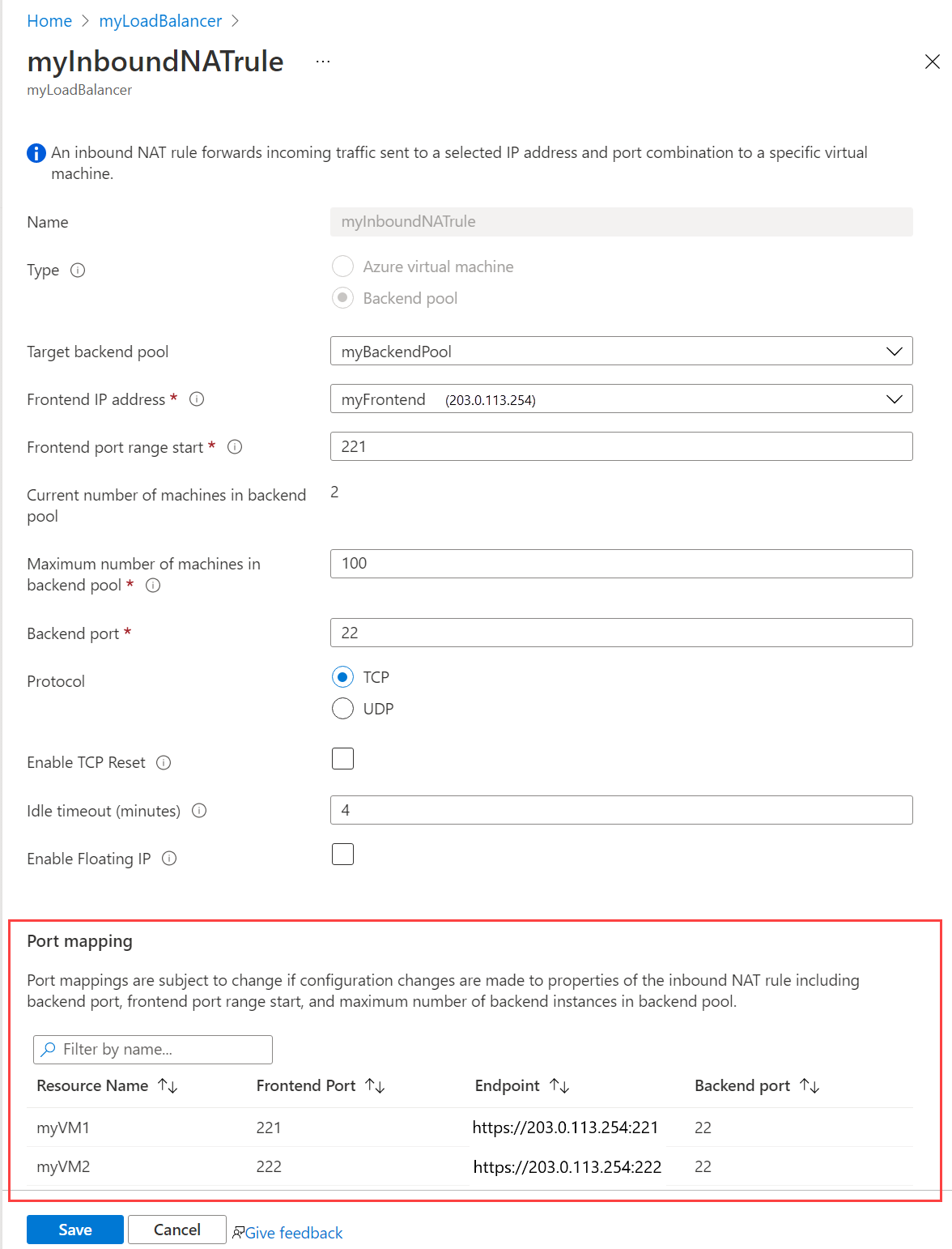 Screenshot of inbound NAT rule port mappings.