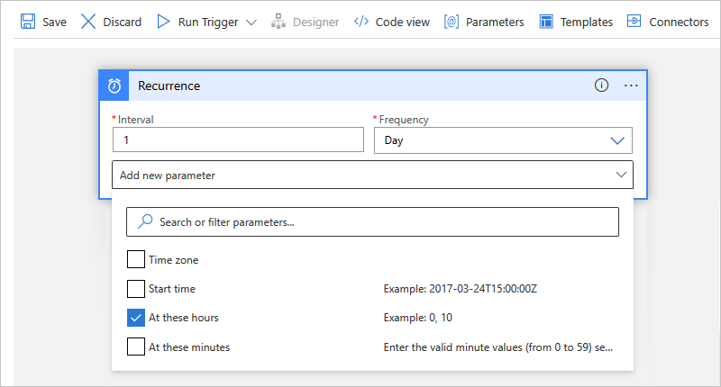 Screenshot shows Azure portal, Consumption workflow designer, and Recurrence trigger parameters with selected option for At these hours.