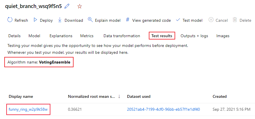 Test results tab of automatically tested, recommended model