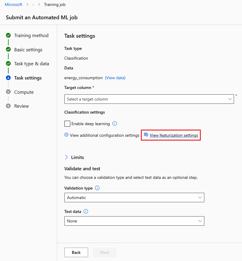 Screenshot shows the Select task type dialog box with View featurization settings called out.