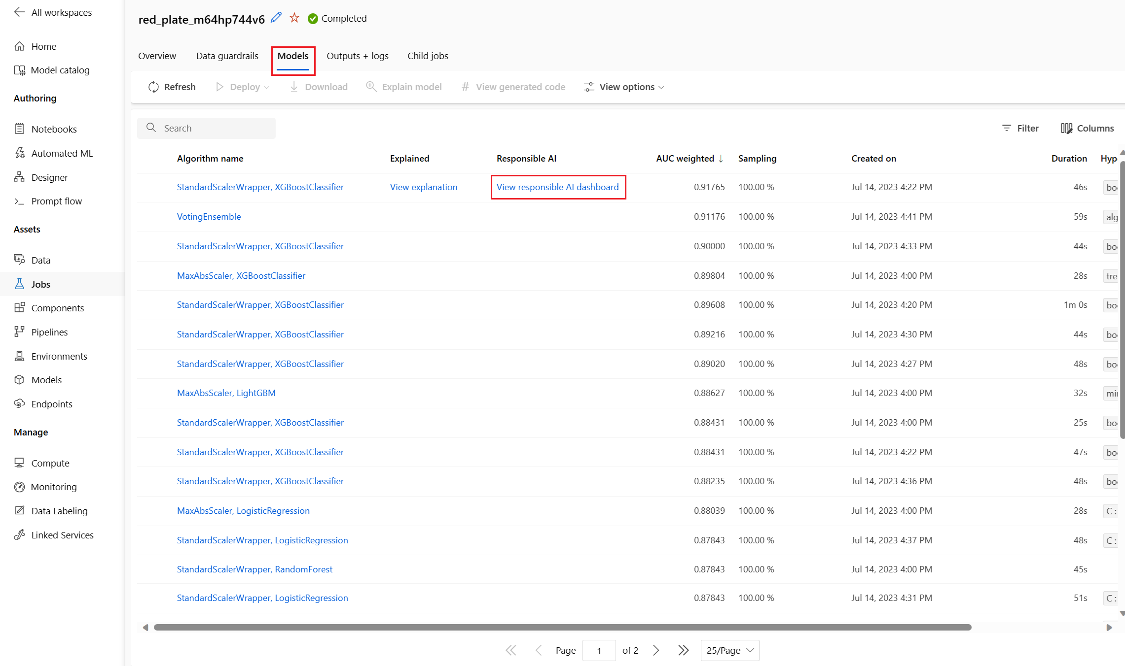 View dashboard page within an Automated ML job