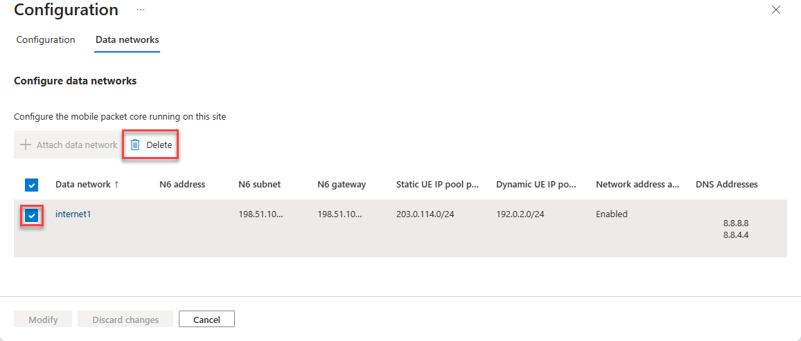 Screenshot of the Azure portal showing a selected data network and delete button.