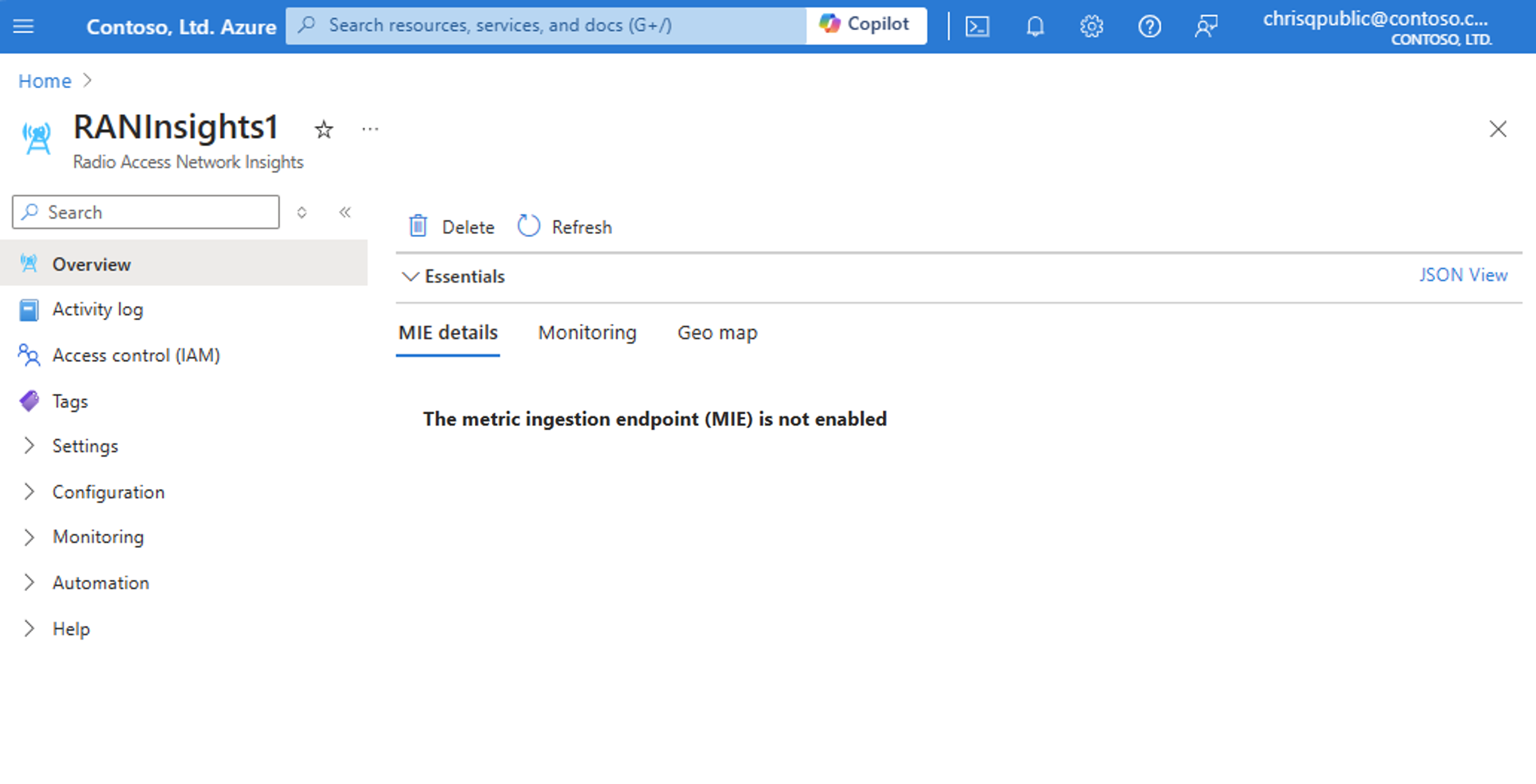 Screenshot of the Azure portal showing a RAN insight resource MIE not enabled.