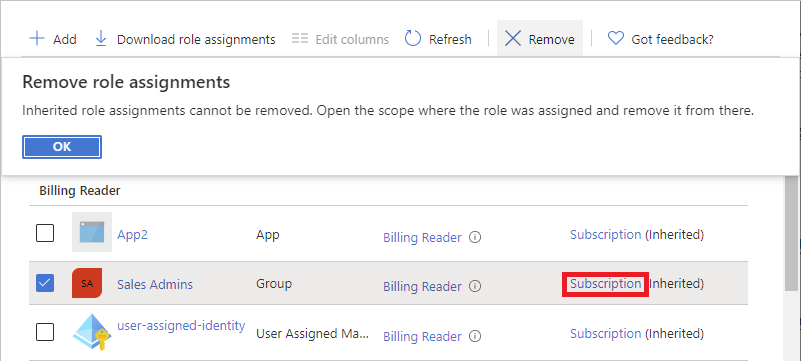 Screenshot of remove role assignment message for inherited role assignments.