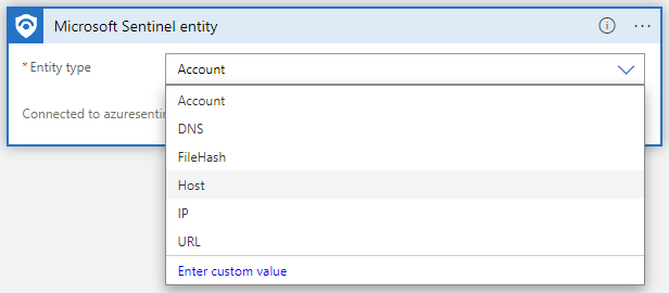 Screenshot of drop-down list of entity types to choose from to set playbook schema.