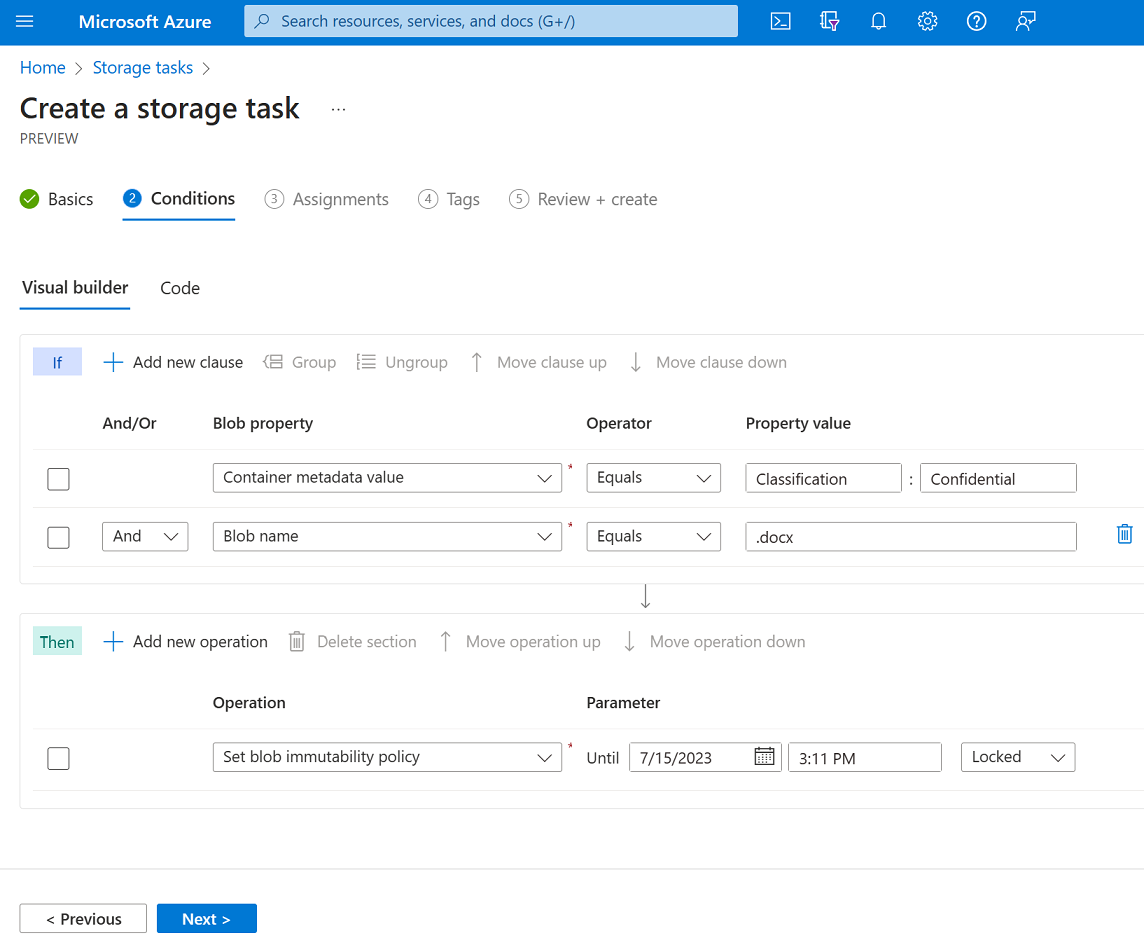 Screenshot of conditions tab of the storage task create experience.