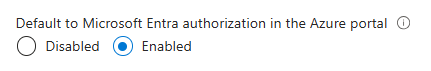 Screenshot showing how to configure default Microsoft Entra authorization in Azure portal for existing account