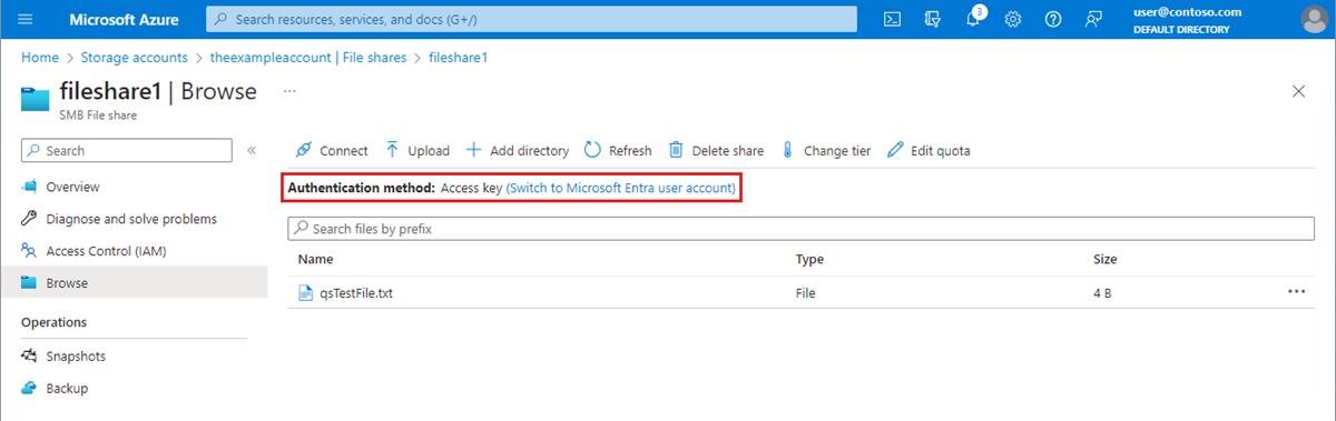 Screenshot showing the authentication method set to access key.