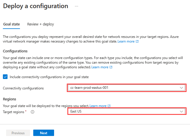 Screenshot of the tab for configuring a goal state for network resources.