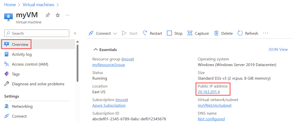 Screenshot of the Overview page of a virtual machine showing of the public IP.
