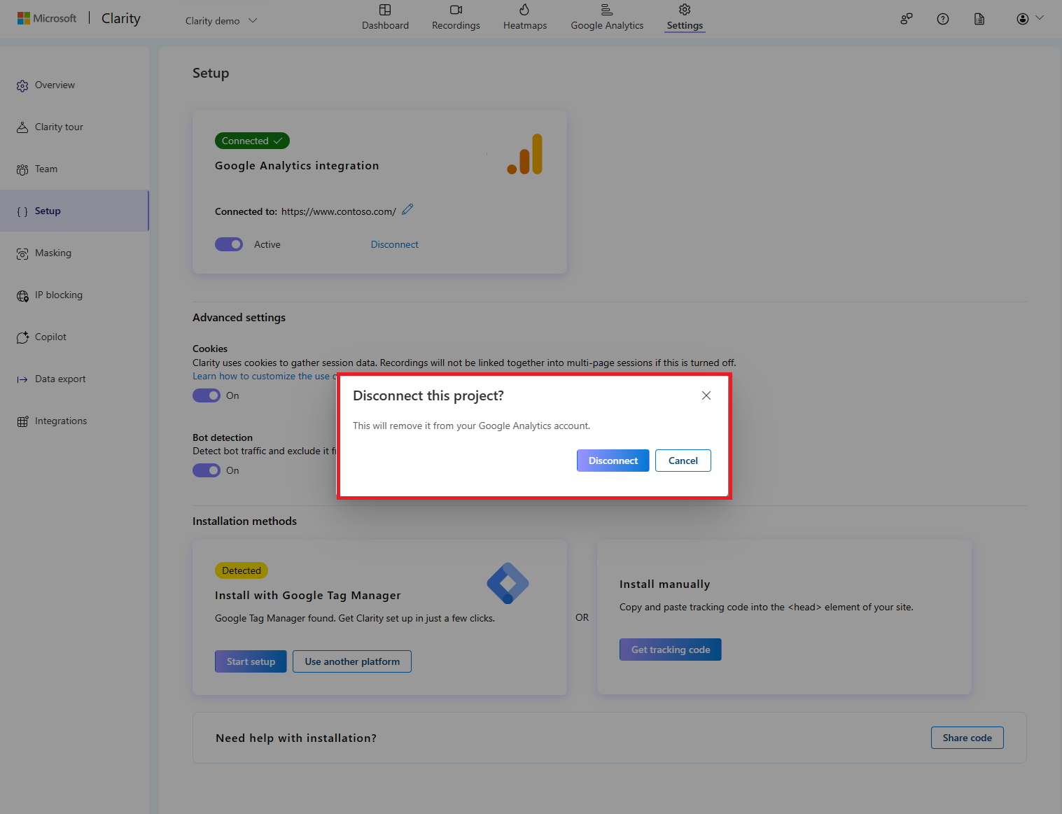 Disconnecting Google Analytics integration confirmation.